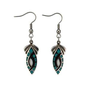 Vintage Silver-Plated Dangle Earrings With Turquoise & White Inlay Leaf Design H